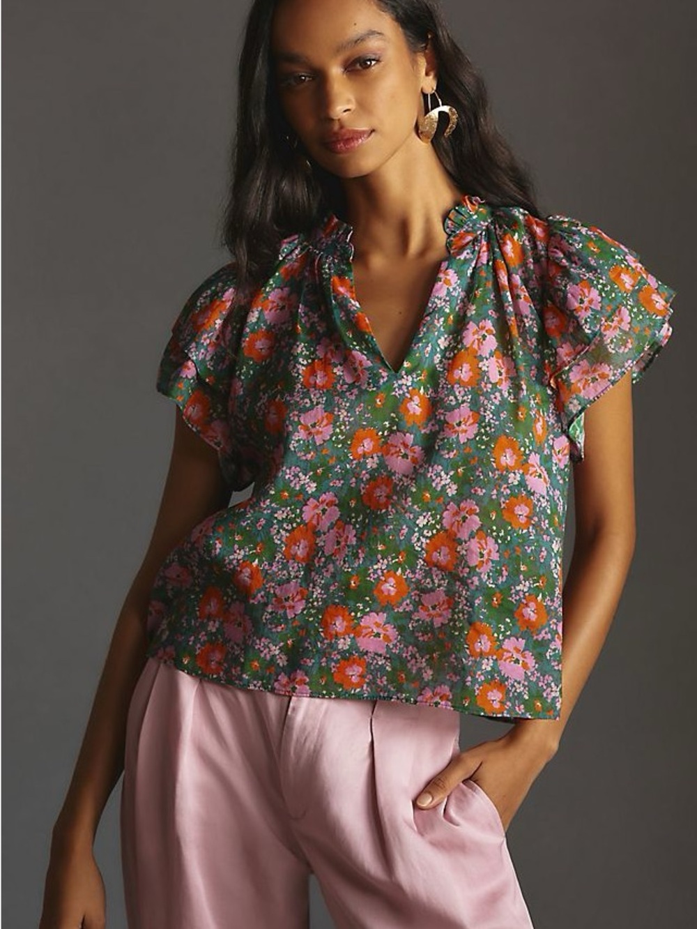 Trovata Birds of Paradise Anthropologie Clover Blouse Ruffle Sleeve V-Neck Top